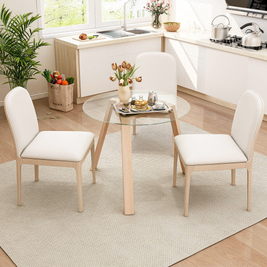 36 Inches Round Glass Dining Table for 4 with Rubber Wood Frame-Natural