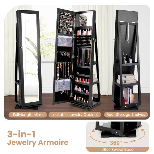 360° Rotatable 2-in-1 Lockable Jewelry Cabinet with Full-Length Mirror-Black