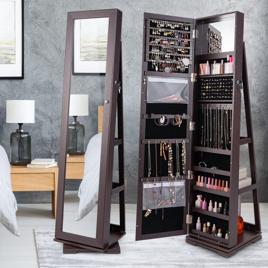 360° Rotatable 2-in-1 Lockable Jewelry Cabinet with Full-Length Mirror-Dark Brown