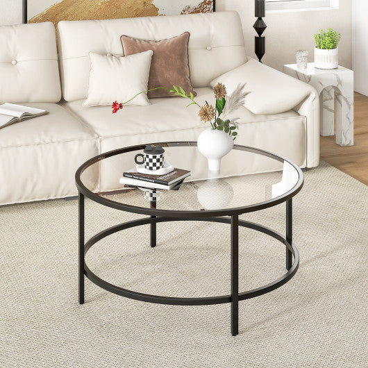 36 Inch Round Coffee Table with Tempered Glass Tabletop-Black