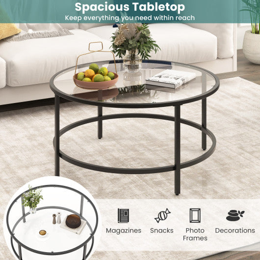 36 Inch Round Coffee Table with Tempered Glass Tabletop-Black