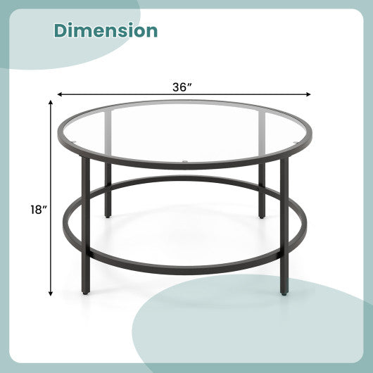 36 Inch Round Coffee Table with Tempered Glass Tabletop-Black