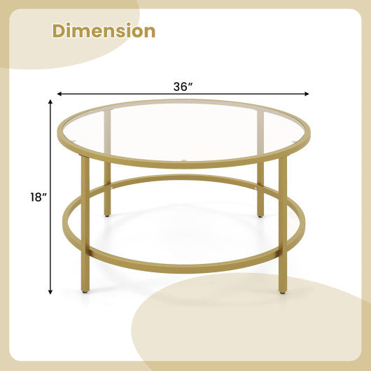 36 Inch Round Coffee Table with Tempered Glass Tabletop-Golden