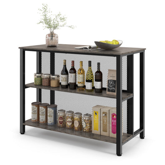 36 Inch 3-Tier Bar Table with Storage Metal Frame Adjustable Foot Pads for Dining Room-Gray