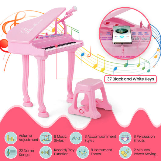 37 Keys Kids Piano Keyboard with Stool and Piano Lid-Pink