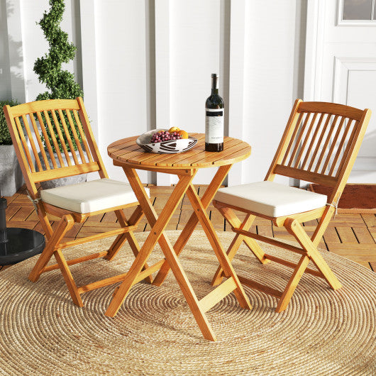 3 Pieces Acacia Wood Patio Folding Bistro Set with Soft Cushions-Beige