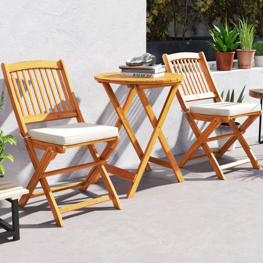3 Pieces Acacia Wood Patio Folding Bistro Set with Soft Cushions-Beige