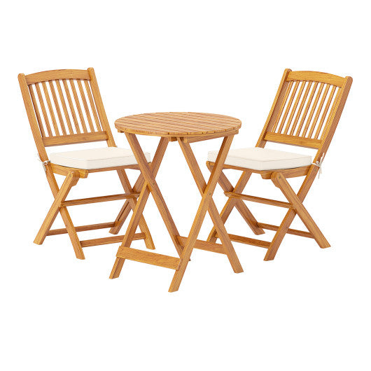 3 Pieces Acacia Wood Patio Folding Bistro Set with Soft Cushions-Beige