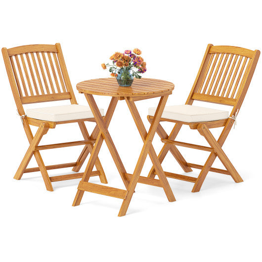 3 Pieces Acacia Wood Patio Folding Bistro Set with Soft Cushions-Beige