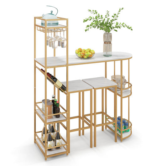 3 Pieces Bar Table Set with Storage Shelves and Wine Rack-Golden