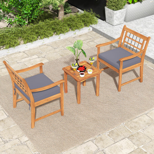 3 Piece Wood Patio Furniture Set with Seat Cushions and Acacia Wood Frame-Gray