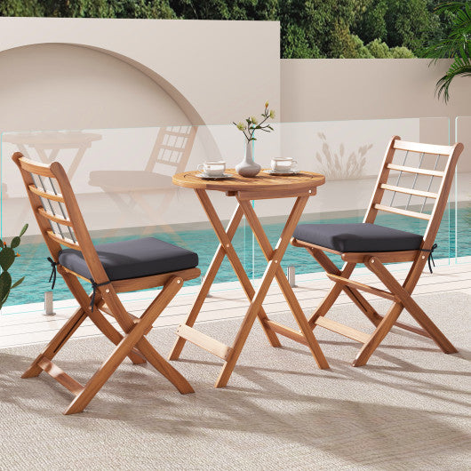 3 Pieces Acacia Wood Patio Bistro Set with Cushions-Gray