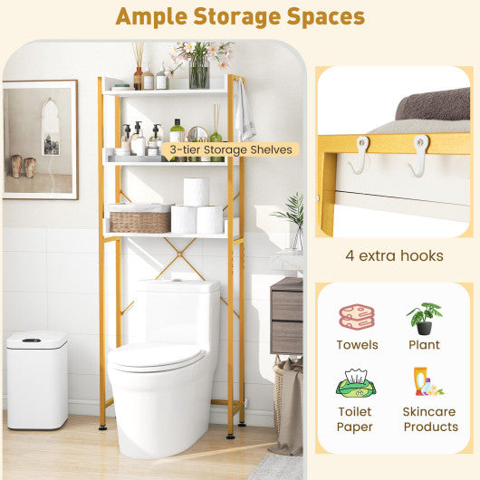 Over The Toilet Storage Rack with Hooks and Adjustable Bottom Bar-White