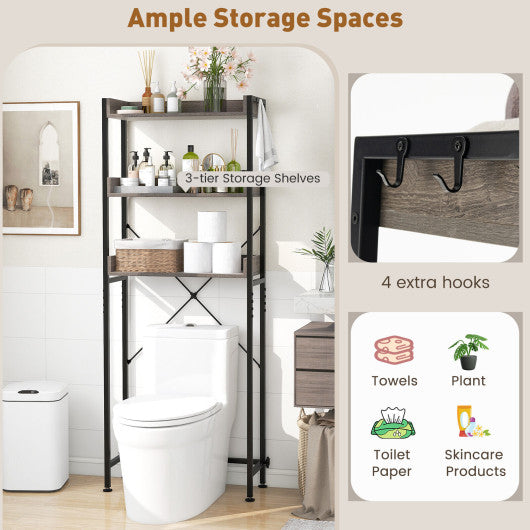 Over The Toilet Storage Rack with Hooks and Adjustable Bottom Bar-Gray