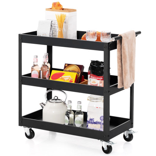 3-Tier Utility Cart Rolling Metal Cart with Handle and Universal Wheels-Black