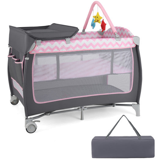 3-in-1 Portable Baby Playard with Zippered Door and Toy Bar-Pink