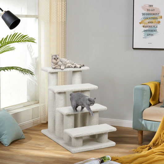 4-Step Pet Stairs Carpeted Ladder Ramp Scratching Post Cat Tree Climber-Beige