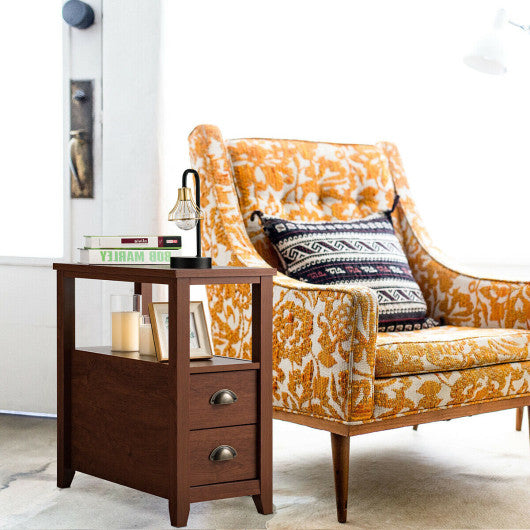 Set of 2 End Table Wooden with 2 Drawer & Shelf Bedside Table-Brown