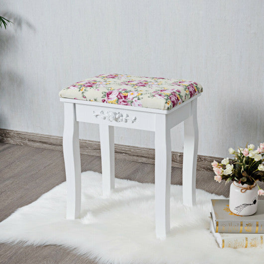 Vanity Wood Dressing Stool Padded Piano Seat with Rose Cushion-White