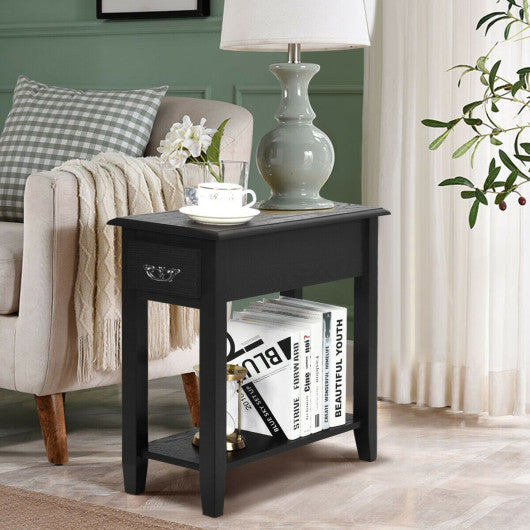 2 Tier End Bedside Sofa Side Table Narrow Nightstand-Black