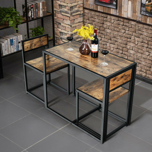 3 Pcs Dining Set Compact Table and 2 Chair with Metal Frame for for Small Space-Coffee