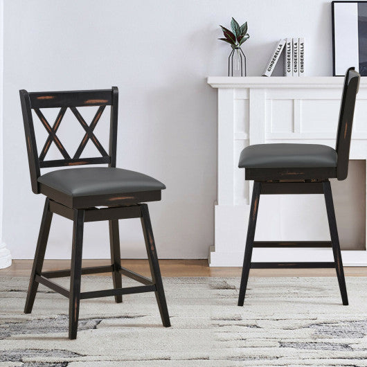 2 Pieces 24 Inch Swivel Counter Height Barstool Set with Rubber Wood Legs-Black