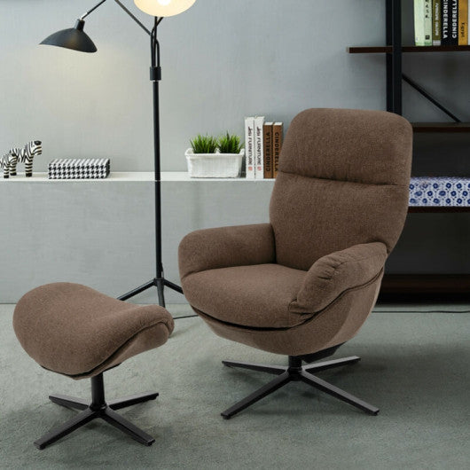 Upholstered Swivel Lounge Chair with Ottoman and Rocking Footstool-Brown