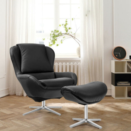 360°  Swivel Leather Lounge Chair with Ottoman and Aluminum Alloy Base-Black