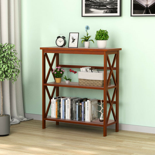 3-Tier Wooden Multi-Functional X-Design Etagere Storage Bookshelf-Natural