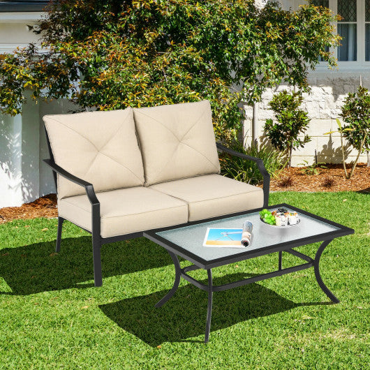 2 Pieces Patio Outdoor Cushioned Sofa Bench with Coffee Table-Beige