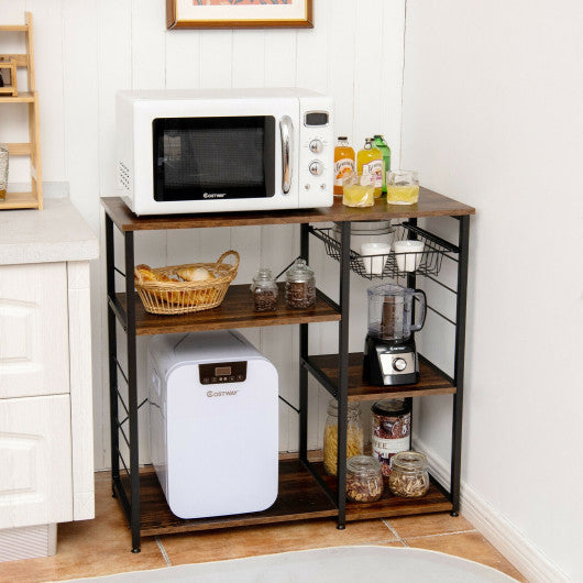 Industrial Kitchen Baker's Rack Microwave Shelf with 6 Hooks-Walnut