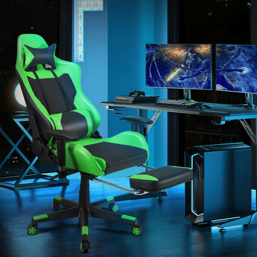 PU Leather Gaming Chair with USB Massage Lumbar Pillow and Footrest-Green