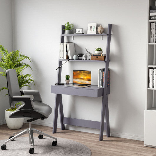 Ladder Shelf Desk Bookcase with Countertop Drawer and 2 Shelves-Gray