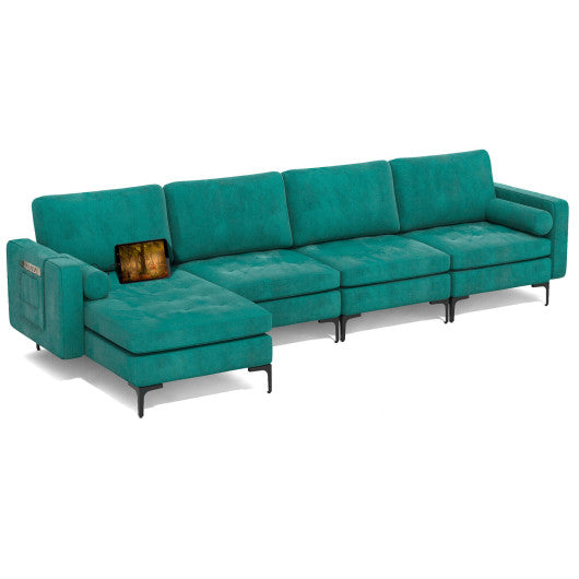 Modular L-shaped 4-Seat Sectional Sofa with Reversible Chaise and 2 USB Socket-Teal