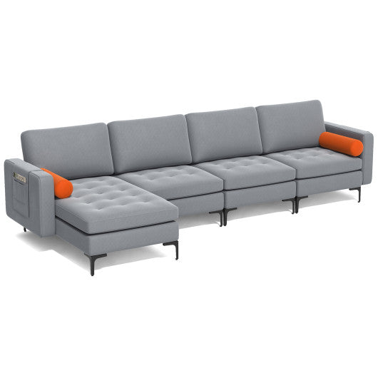 Modular L-shaped 4-Seat Sectional Sofa with Reversible Chaise and 2 USB Socket-Gray
