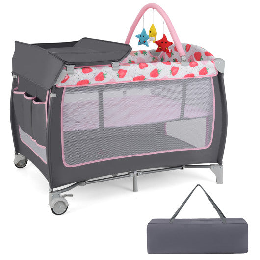 3-in-1 Portable Baby Playard with Zippered Door and Toy Bar-Red