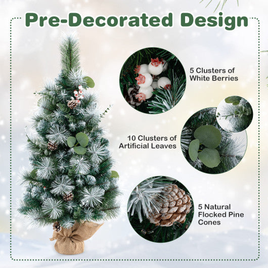 3 FT Pre-Lit Artificial Mini Christmas Tree with 98 Flocked PVC and Pine Needles
