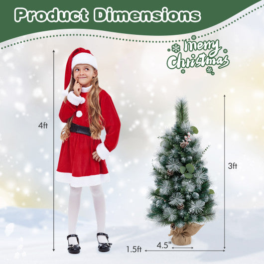 3 FT Pre-Lit Artificial Mini Christmas Tree with 98 Flocked PVC and Pine Needles