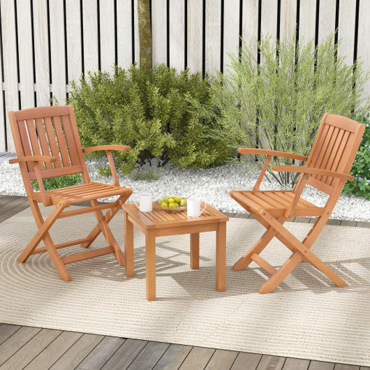 3 PCS Eucalyptus Wood Patio Bistro Set with 2 Folding Arm Chairs