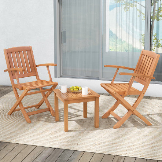 3 PCS Eucalyptus Wood Patio Bistro Set with 2 Folding Arm Chairs
