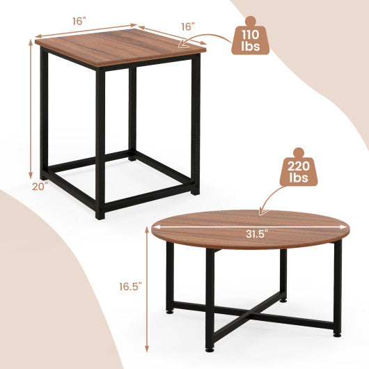 3-Piece Coffee Table Set Round Coffee Table and 2PCS Square End Tables-Walnut and Black