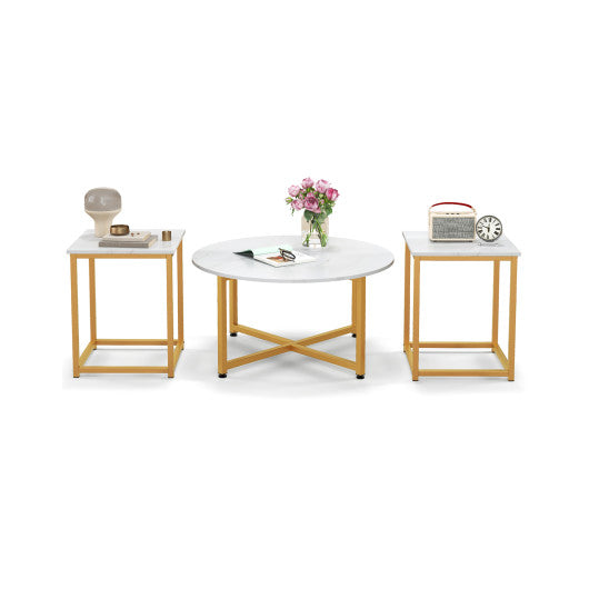 3-Piece Coffee Table Set Round Coffee Table and 2PCS Square End Tables-White and Gold