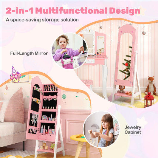 2 Pieces Kids Vanity Set and Jewelry Armoire Cabinet with Full-length Mirror-Pink