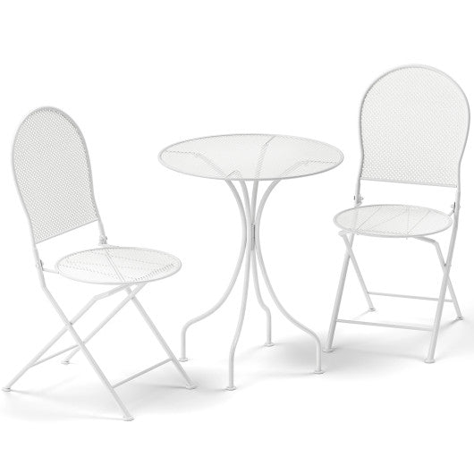 3 Piece Metal Bistro Patio Round Table and 2 Folding Chairs Set-White