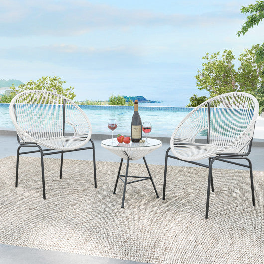 3 Pieces Patio Acapulco Furniture Bistro Set with Glass Table-White