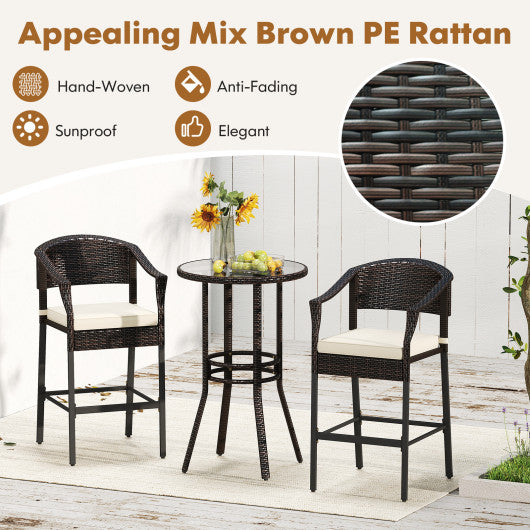 3-Piece Patio Rattan Bar Set with Tempered Glass Top for Backyard Poolside-Brown