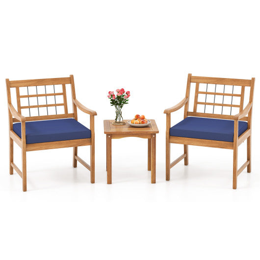 3 Piece Wood Patio Furniture Set with Seat Cushions and Acacia Wood Frame-Navy
