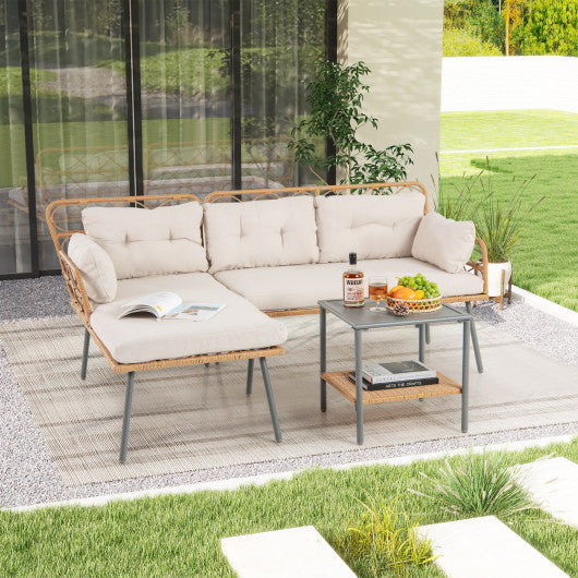 3 Pieces Corner Patio Furniture with Small Coffee Table-Beige