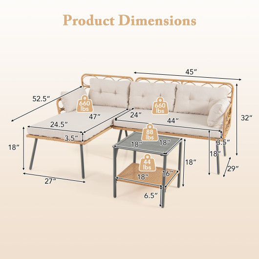 3 Pieces Corner Patio Furniture with Small Coffee Table-Beige