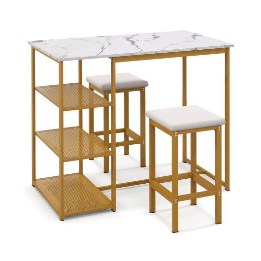 3 Pieces Gold Bar Table Set for 2 with 3-Tier Storage Shelves-Golden
